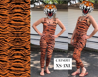 Gestreifter Tiger Catsuit Frauen Animal Print Overall Cosplay Halloween Kostüm ärmelloses Outfit