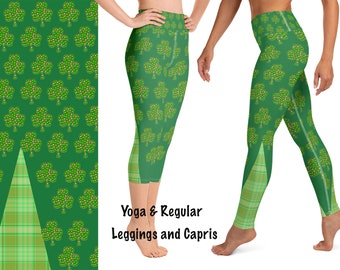 St. Patrick Plaid Shamrock Yoga Leggings Women Workout Leprechaun Green Pants Irish Sports Tartan Athletic Running Clover Unique Activewear