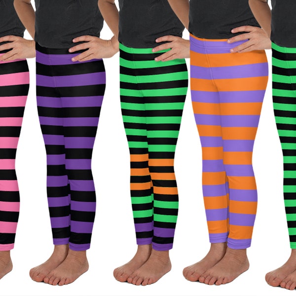 Halloween Kids Striped Leggings Witch Costume Cosplay Children Athletic Pants Birthday Party Gift Stripes Toddler Outfit Activewear Spandex