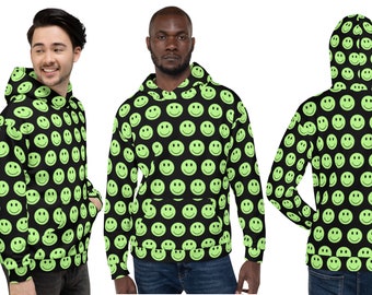 Green Smiley Face Hoodie Emoji Unisex Fleece Shirt Pullover Party Outfit Fun Sweatshirt Happy Mood Gift