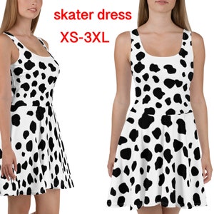 Dalmatian Dog Print Skater Dress Women Cosplay Halloween Costume Athletic Running Spots Animal Pup Spandex Outfit Party Cruel Villain