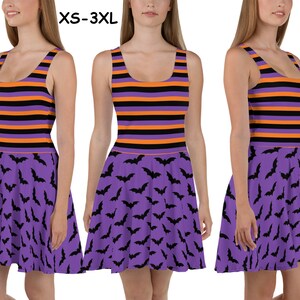 Halloween Witch Dress Women Black Bats Print Striped Costume Orange Purple Running Spandex Spooky Cosplay Outfit Gift Party