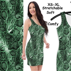 May include: Green snake skin print sleeveless dress with a fitted silhouette. The dress is described as XS-XL, stretchable, soft, and comfy.