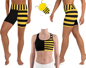 Bumble Bee kostuum gestreepte vrouw geel zwart atletische outfit legging Halloween yoga shorts sportbeha broek hardlopen sportkleding feest