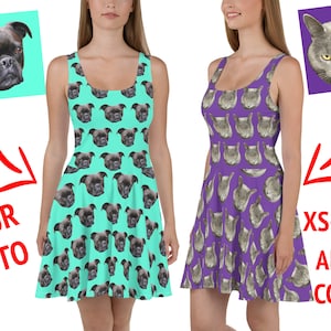 Custom Skater Dress Women Personalized Pet Photo Skirt Spandex Running Marathon Face Dog Cat Logo Text Party Birthday Christmas Gift