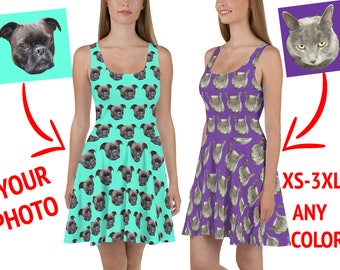 Custom Skater Dress Women Personalized Pet Photo Skirt Spandex Running Marathon Face Dog Cat Logo Text Party Birthday Christmas Gift