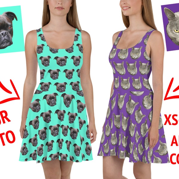Custom Skater Dress Women Personalized Pet Photo Skirt Spandex Face Dog Cat Logo Text Party Birthday Gift