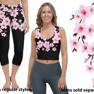 Sakura Floral Costume Women Workout Cherry Blossoms Leggings Tank Crop Top Yoga Pants Shirt Running Athletic Sports Activewear