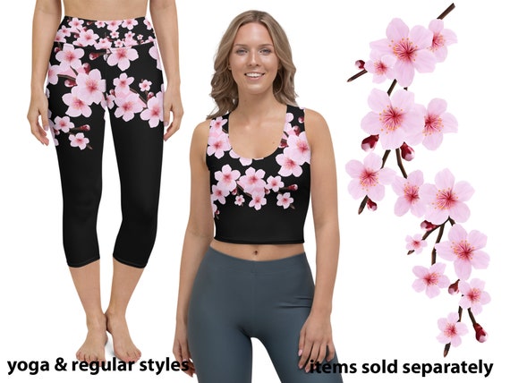 Sakura Floral Costume Women Workout Cherry Blossoms Leggings Tank Crop Top  Yoga Pants Shirt Running Athletic Sports Activewear 