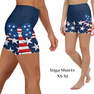 Yoga Shorts 4th July USA Bow Tie Women's Workout American Flag Striped Running Stars Pants Sports Gym Patriotic Parade Activewear Spandex