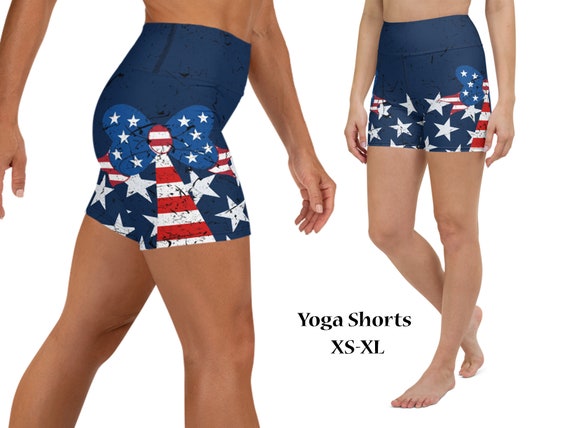 Yoga Shorts 4th July USA Bow Tie Women's Workout American Flag