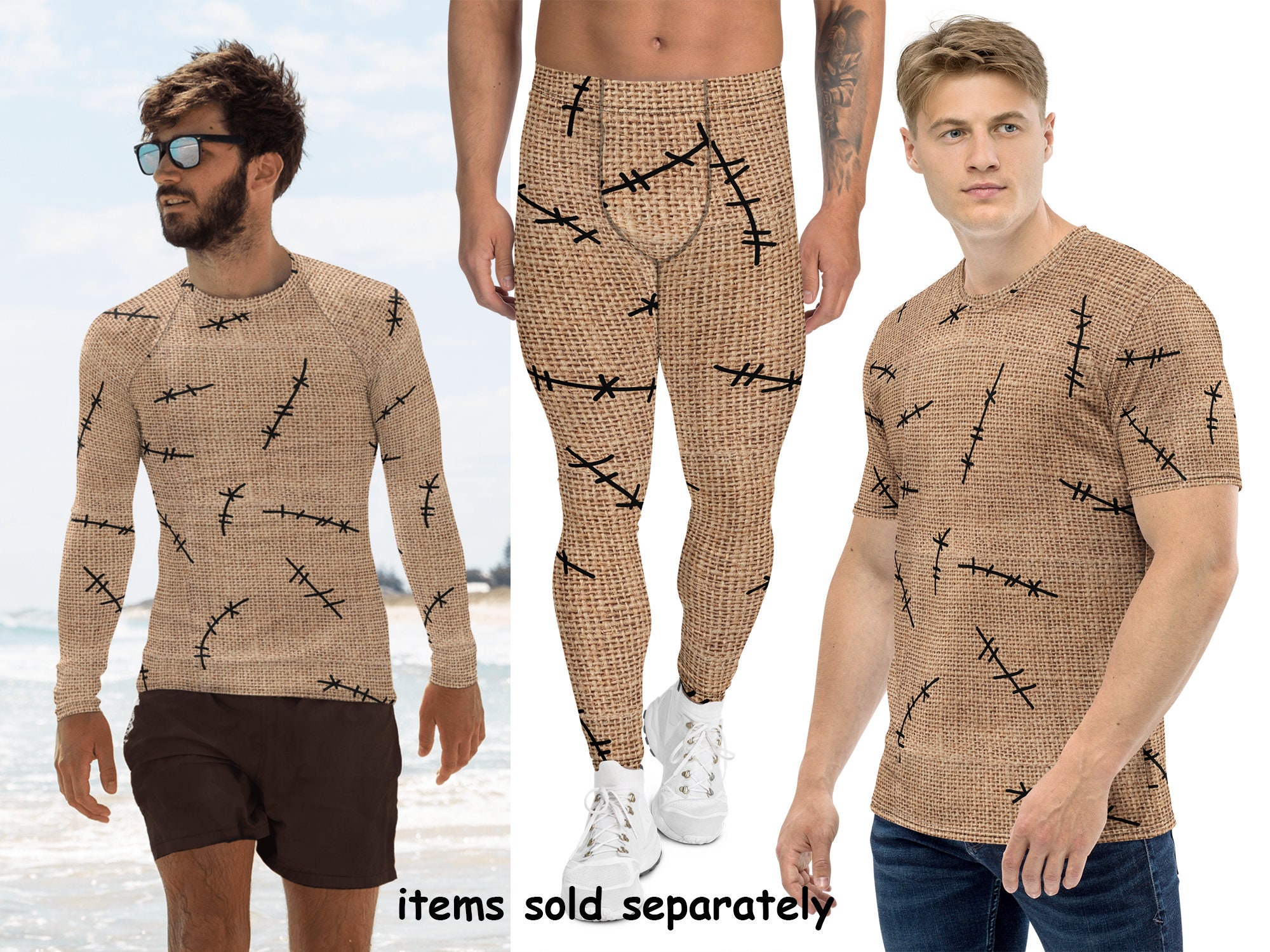 Burlap Sack Print Men Spandex Costume Oogie Boogie Men Villain