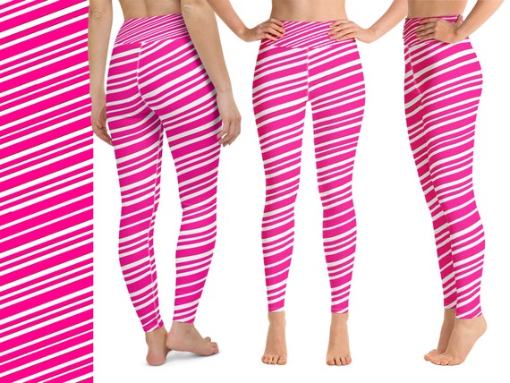 Christmas Striped Pink Candy Cane Yoga Leggings Workout Women