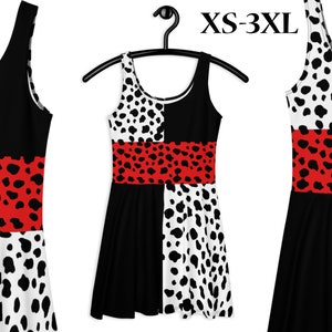 Cruella 101 Dalmatians Skater Dress Woman Cosplay de Vil Villain Halloween Costume Running Spandex Outfit Party
