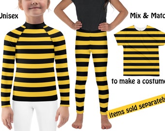 Bumble Bee Costume Kids Halloween Activewear Yellow Black Striped Children Cosplay Leggings Rash Guard Shirt Birthday Gift Outfit