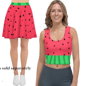 Watermelon Costume Woman Skater Skirt Crop Top Running Outfit Shirt Fruit Cosplay Halloween Party Gift Spandex