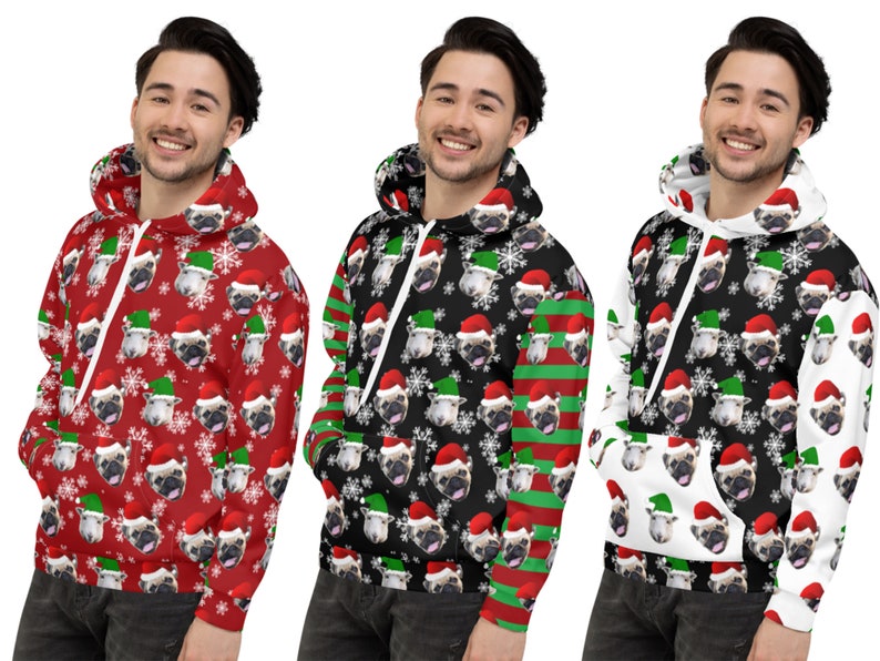 Custom Christmas Hoodie Pet Face Santa Elf Hats Unisex Gift Etsy