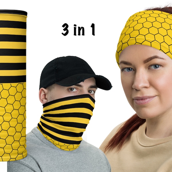 Yellow Black Striped Bee Honeycomb Face Mask Neck Gaiter Halloween Costume Running Headband Athletic Tube Scarf Sports Cosplay