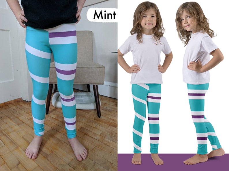 May include: Mint coloured leggings with white and purple stripes. The leggings have a swirl pattern. The word "Mint" is written in white text on a purple background.