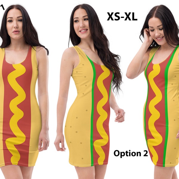 Hot Dog Fitted Dress Women Halloween Junk Food Costume Cosplay Bodycon Tank Spandex Party Outfit Party Gift Sausage Bread Bun Mustard Print
