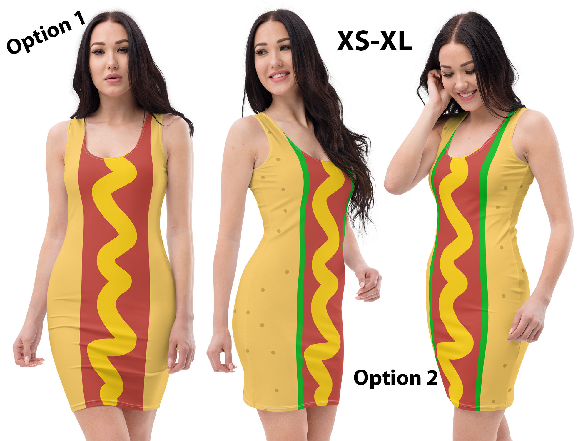 Hot Dog Fitted Dress Women Halloween Junk Food Costume Cosplay Bodycon Tank Spandex Party Outfit Party Gift Sausage Bread Bun Mustard Print