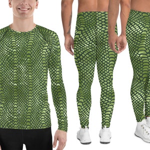 Green Crocodile Activewear Men Costume Rash Guard Shirt Meggings Halloween Animal Print Scales Cosplay Outfit Reptile Surfing Party Swimwear