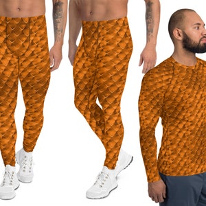 Orange Dragon Costume Men Athletic Rash Guard Shirt Meggings Cosplay Halloween Running Swimming Outfit Surfing Activewear