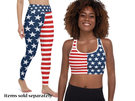 4th of July Workout Leggings Sports Bra American Flag Women's Yoga Pants  USA Independence Day Stripes Patriotic Stars Running Activewear 
