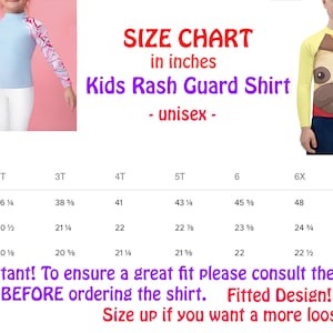 Puede incluir: Tabla de tallas para camisetas de protecci&oacute;n contra erupciones para ni&ntilde;os en pulgadas. La tabla muestra las tallas de 2T a 7, con medidas de altura, pecho y cintura. El texto "&iexcl;Importante! Para garantizar un buen ajuste, consulte la tabla de tallas ANTES de pedir la camiseta. Dise&ntilde;o ajustado! &iexcl;Aumente una talla si desea un ajuste m&aacute;s holgado!" se encuentra en la parte inferior de la tabla.