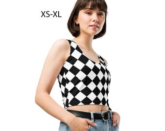 Black White Rhombus Top Woman Halloween Cosplay Costume Shirt Crop Tank Rash Guard Running Workout Spandex Gift Geometric Pattern