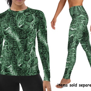 Costume de vêtement de sport serpent vert femme Reptile imprimé animal athlétique Halloween Cosplay Leggings de yoga chemise de protection contre les éruptions cutanées course surf