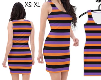 Puede incluir: Un vestido sin mangas con rayas horizontales en negro, naranja y morado. El vestido es ajustado y tiene un escote redondo. El vestido está disponible en tallas XS-XL.