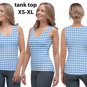 May include: A blue and white gingham tank top. The sleeveless top has a scoop neck and is shown from multiple angles. The text "tank top XS-XL" is printed at the top. The tank top is form-fitting.