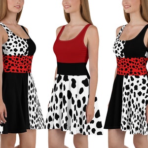 Cruel Villain Lady Skater Dress Woman Cosplay Dalmatian Print Halloween Costume Running Villain Workout Spotted Outfit Party