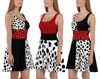 Cruel Villain Lady Skater Dress Woman Cosplay 101 Dalmatians Halloween Costume Running VSpotted Outfit Party