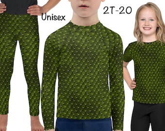 May include: Green long-sleeve shirt and short-sleeve shirt with a green dragon scale pattern. The text "2T-20" is printed on the shirt.  Unisex.
