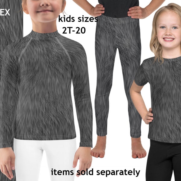 Dark Grey Wolf Furry Kids Costume Cat Mouse Animal Print Halloween Spandex Cosplay Leggings Children Rash Guard Shirt Toddler Birthday