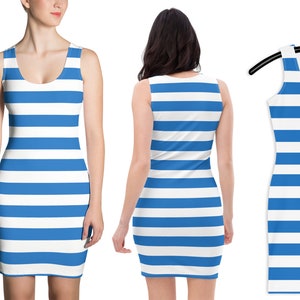 Blue White Sailor Striped Dress Women Bodycon Spandex Sailing Pirate Cosplay Costume Tank Marine Outfit Party Gift Captain