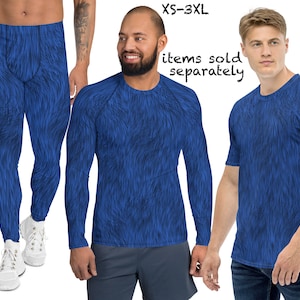 Blue Furry Animal Print Costume Man Halloween Rash Guard Shirt Athletic Spandex Pants Meggings Event Cosplay Activewear Running Outfit