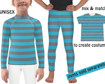 Blue Grey Striped Cat Kids Costume Halloween Leggings Cosplay Shirt Children Rash Guard Birthday Gift Tee Outfit