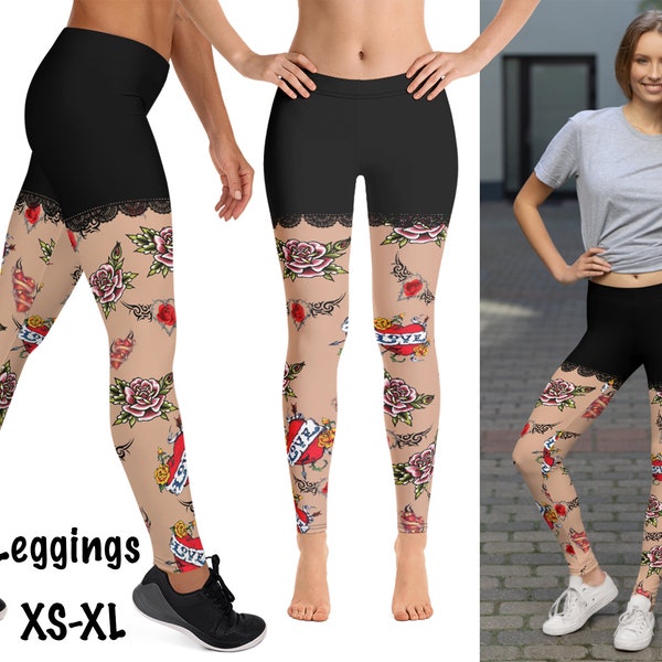 Illusion Shorts Leggings Women Workout Fake Tattoo Pants Rock Heart Love Rebel Fitness Running Athletic Roses Biker Sports Floral Activewear