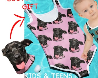 Traje de baño personalizado para niños, regalo de cumpleaños, foto personalizada, mascotas, natación, fiesta para niños pequeños, piscina, playa, traje de baño, ropa de baño para niños