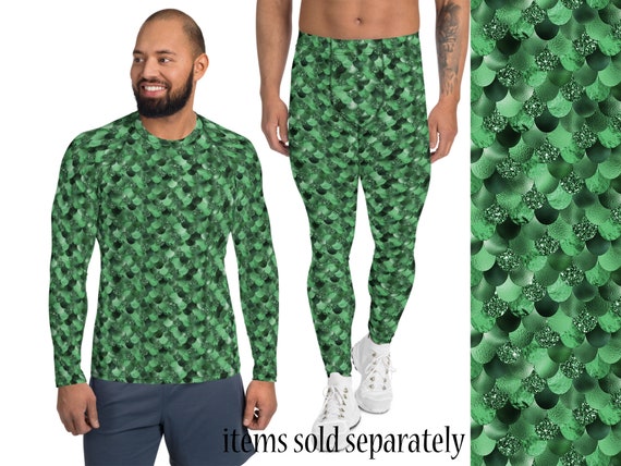 Green Merman Fish Scales Costume Men Cosplay Print Pants Activewear  Meggings Rash Guard Shirt Surfing Halloween Costume Party Outfit 