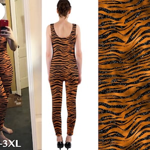Tiger Print Catsuit One Piece Costume Women Halloween Animal Cosplay Jumpsuit Outfit Striped Sleeveless