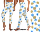 Snowflakes Yoga Leggings Golden Blue Women Workout Christmas Pants Cosplay Snow Capris Festive Activewear Athletic Outfit Running Party Gym