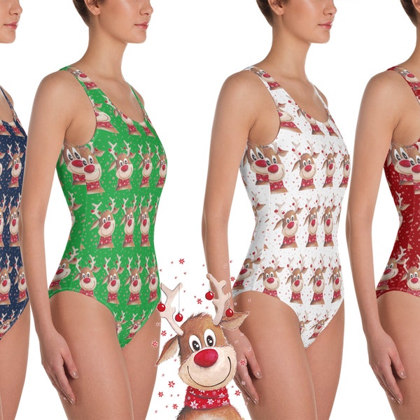 Christmas Swimsuit Women Reindeer Swimwear Ugly Sweater Print Beach Pool Wear Red Nosed Deer Spandex One Piece Gift Idea Her Wife Santa Cute