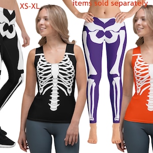 Skeleton Print Costume Woman Workout Outfit Leggings Halloween Cosplay Tank Top Running Athletic Spandex Party Gift Activewear