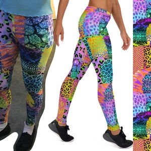 Può includere: Leggings colorate con un design a patchwork che presenta varie stampe animalier, tra cui leopardo, zebra e serpente. I leggings sono realizzati in un tessuto elastico e confortevole, perfetti per lo yoga, la corsa o l'uso quotidiano.