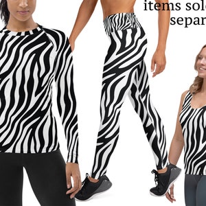 Zebra Print  Costume Women Halloween Activewear Yoga Leggings Striped Rash Guard Shirt Animal Cosplay Running Party