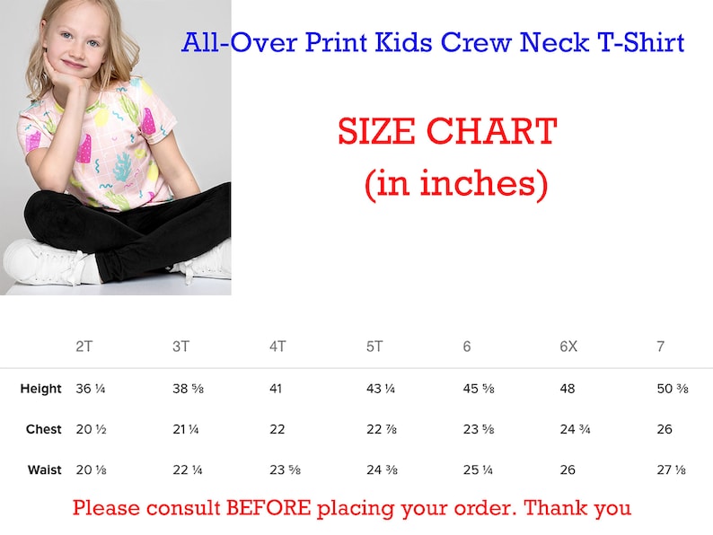 Puede incluir: Tabla de tallas para camisetas de cuello redondo para ni&ntilde;os, que muestra las medidas en pulgadas para la altura, el pecho y la cintura. Las tallas van de 2T a 7.